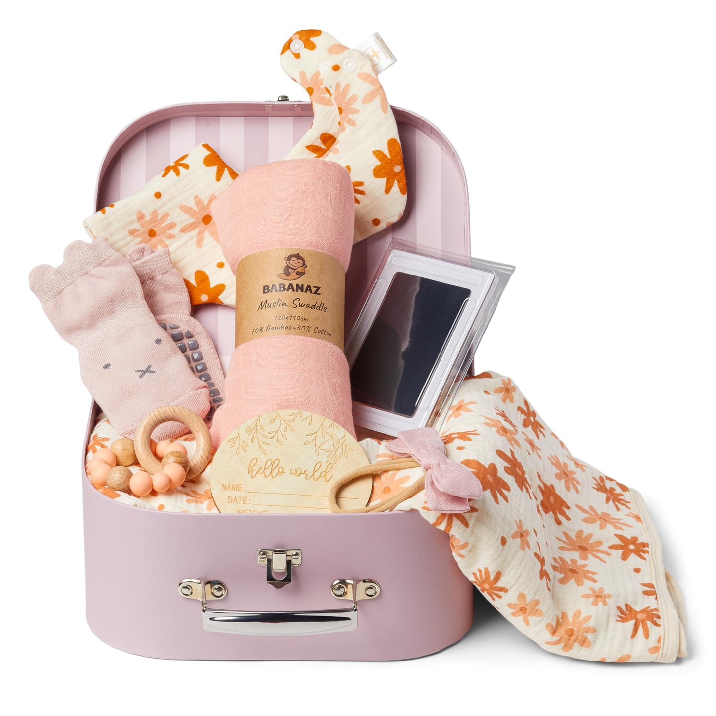Baby Gift Set Boy - Newborn Shower Gift Basket with Large Minky Plush Blanket, Muslin Swaddle, Teether, Wooden Birth Record, Hand & Foot Print Kit, Nemo Socks, for Newborn Essentials Boys, Blue