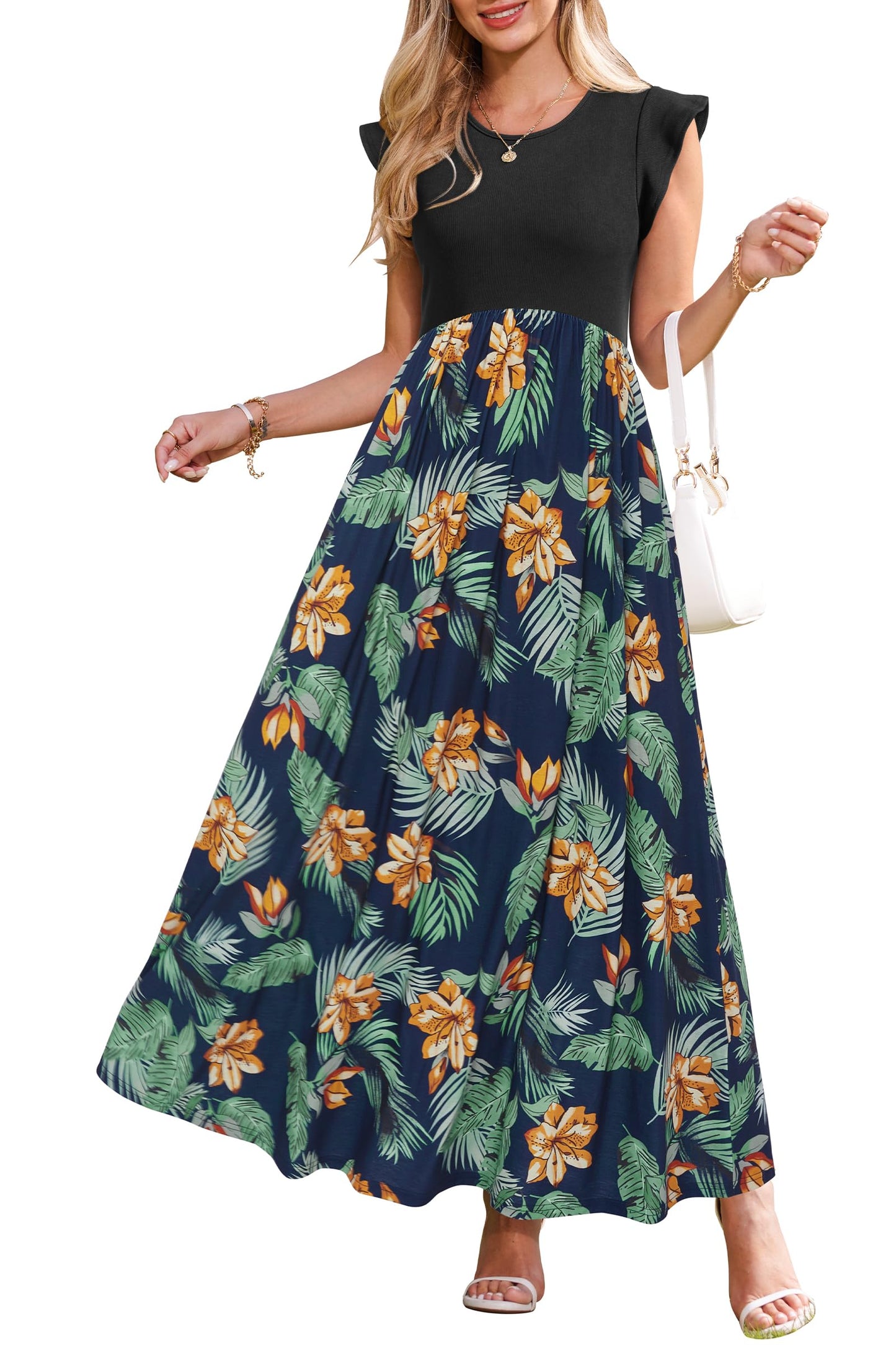 OUGES Women 2025 Spring Summer Dresses Maternity Sleeveless Ribbed Fashion Casual Outfits Maxi Dress with Pockets