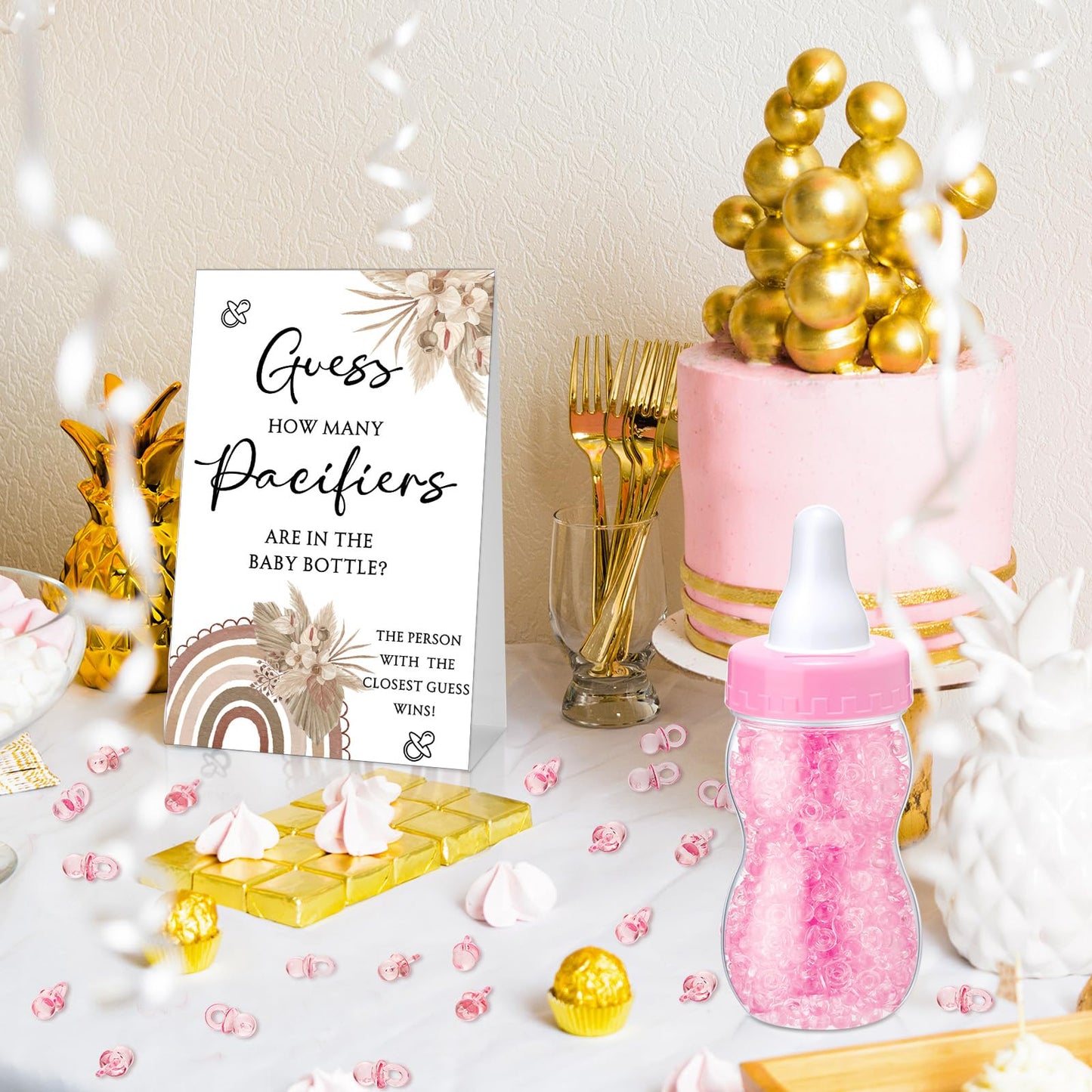Roowest 512 Pcs Baby Shower Games Guess How Many Pacifiers Sign 100 Small Guessing Games 10 HB Pencils 750ml Milk Bottle 400 Acrylic Pacifiers Decoration for Guest Gender Reveal(Pink,Bear)