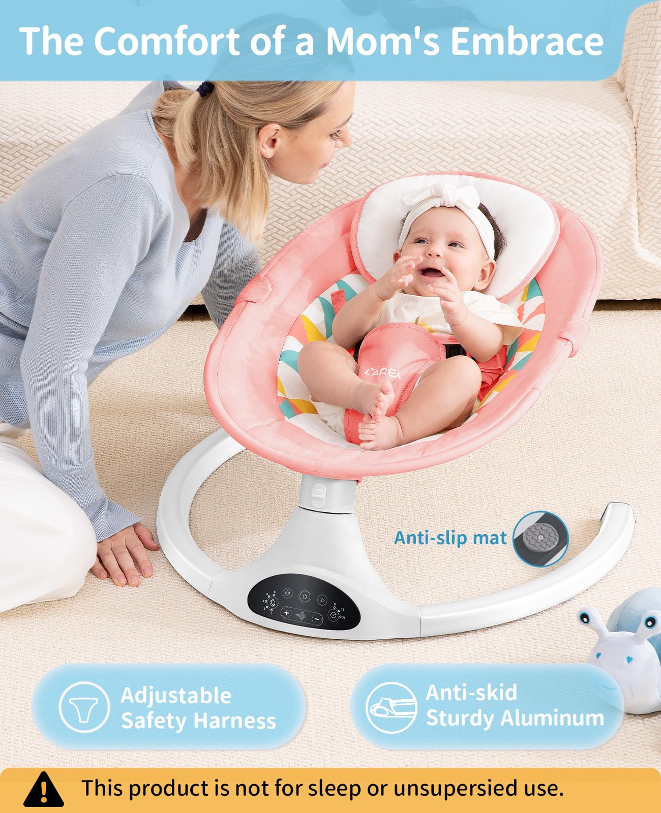 LAREX Baby Swings Electric Baby Swing Bluetooth Infant Swing Portable Rocker with 5 Speeds, 1 Seat Position, Remote Control, Grey