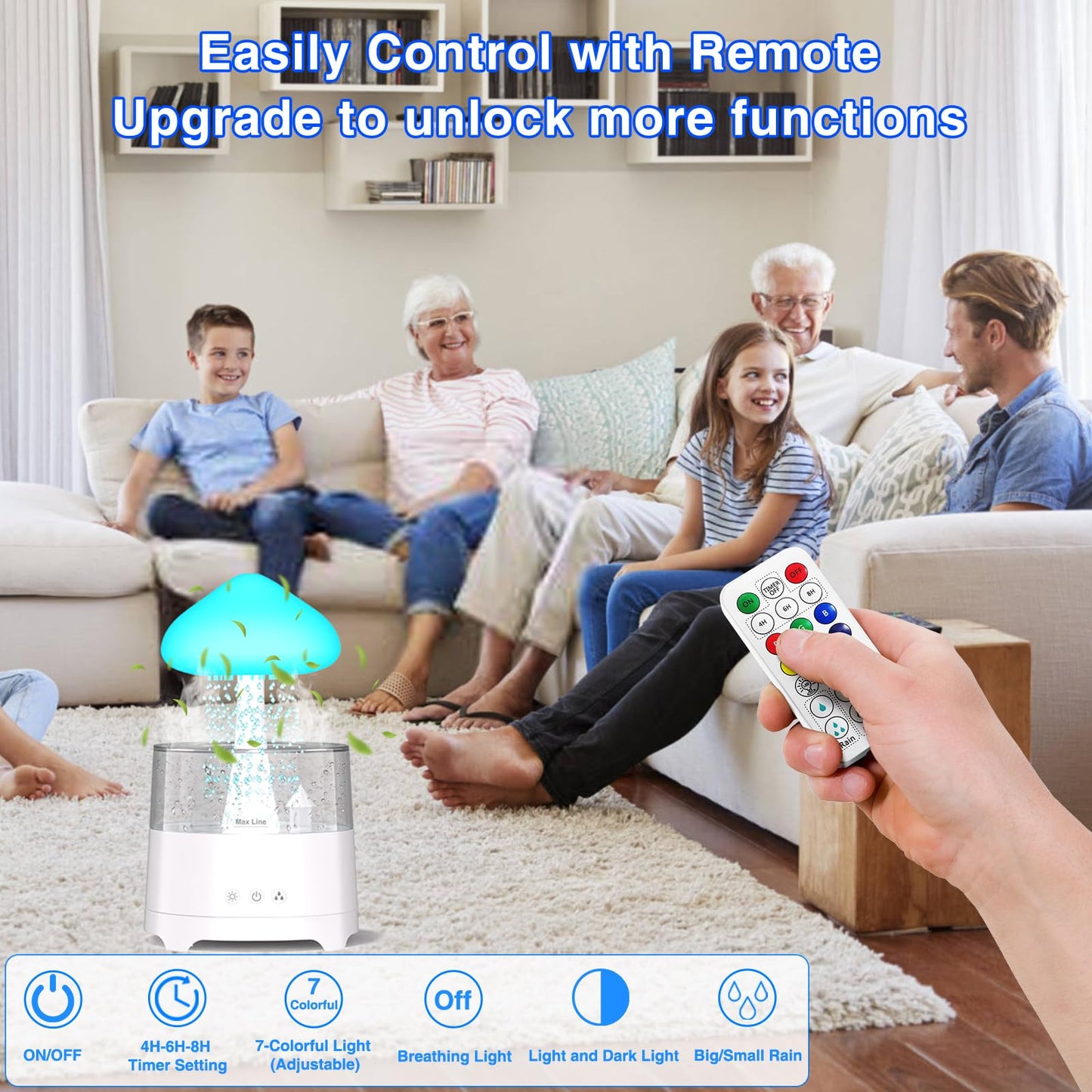 Diffuserlove Rain Diffuser Cloud Humidifier Water Drip Diffuser Humidifier 450ML with Remote Mushroom Lamp Humidifier Rain Sounds Humidifier
