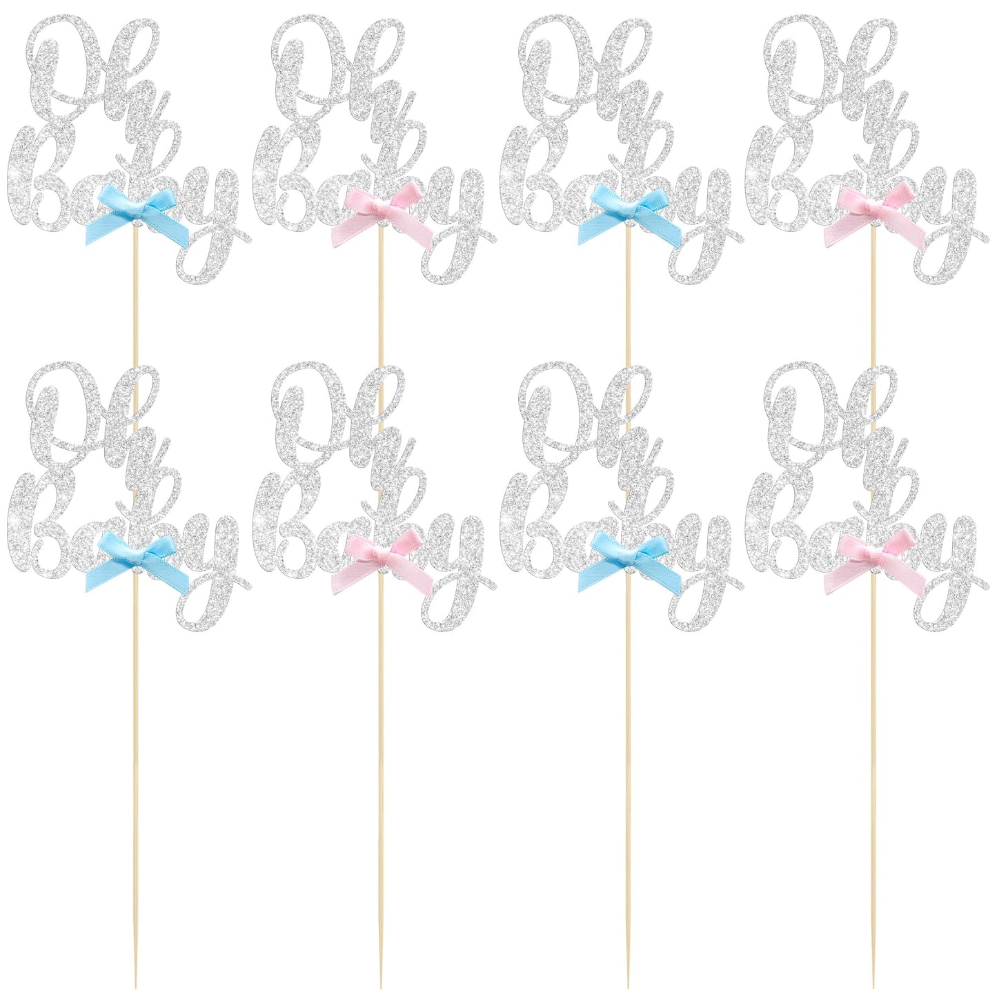 Gyufise 12Pcs Oh Baby Centerpiece Sticks Double Sided Blue Pink Bow Glitter Baby Shower Cupcake Picks Gender Reveal Table Flower Centerpieces for Baby Shower Birthday Party Supplies Gold