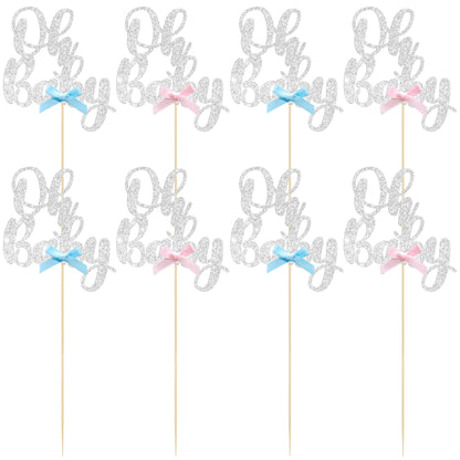 Gyufise 12Pcs Oh Baby Centerpiece Sticks Double Sided Blue Pink Bow Glitter Baby Shower Cupcake Picks Gender Reveal Table Flower Centerpieces for Baby Shower Birthday Party Supplies Gold