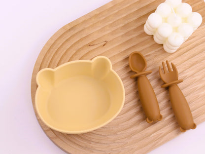 Bear Silicone Baby Bowl Suction Baby Spoon and Fork for Babies 6 months+ Suction Bowls for Baby Utensils 6-12M+ BLW Essentials (Peach Lilac)
