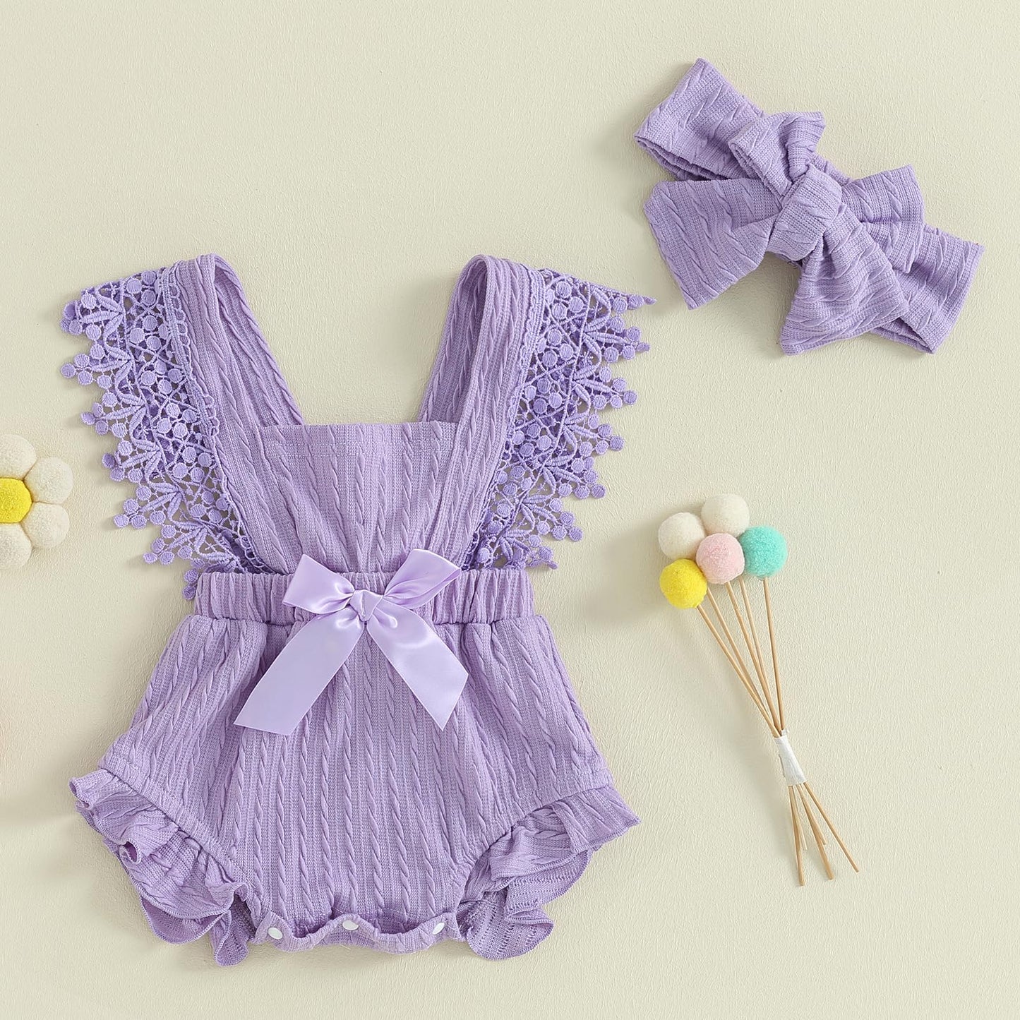 Newborn Baby Girl Lace Romper Ruffle Sleeveless Backless One Piece Jumpsuit Bodysuit with Headband Summer Clothes