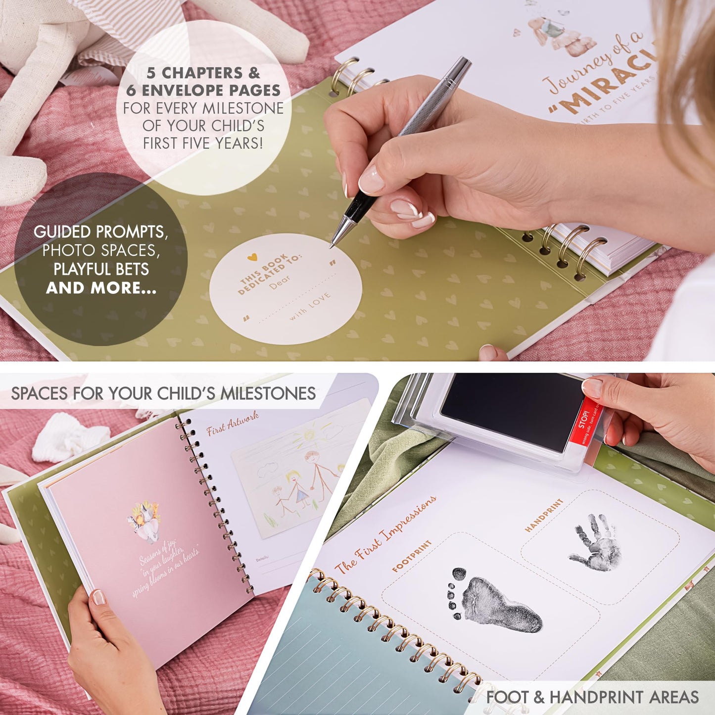 Keepsake Memory Book for Baby Boy or Girl First 5 Years, All-in-One Keepsake Box with Wax Seal Kit and Footprint Kit Included, Elegant Milestone Scrapbook Gift Set with Photo Album