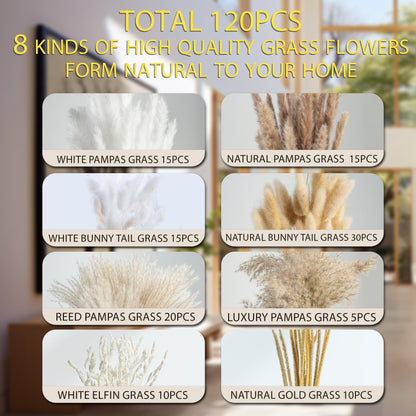 95 PCS Natural Pampas Grass Decor Bouquet | Boho Dried Floral Arrangement Centerpiece Table Decor Wedding Decor Rustic Decor, Natural, white, beige (Fdm-b-01)
