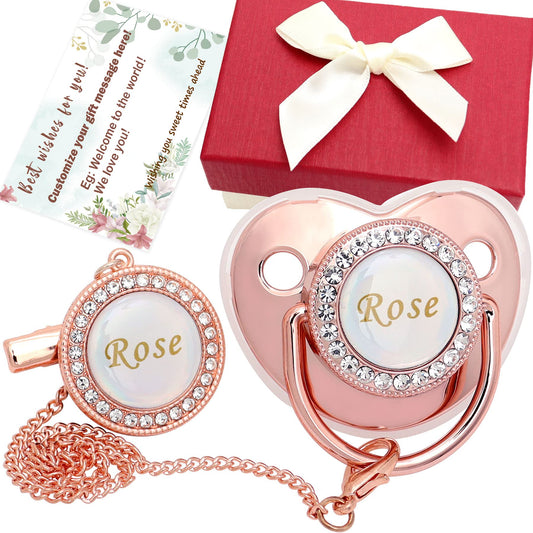 Personalized Pacifier Set with Name, BPA Free, Bling Gold Silver Pink Rose Gold Luxurious Ideal Gift for Newborns (Gold)
