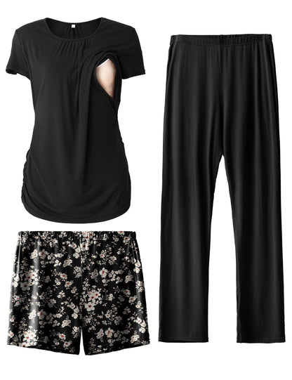 SUNNYBUY Womens Maternity Nursing Pajamas Set, Short Sleeve Breastfeeding Shirts，Pregnancy Shorts & Pants 3 Piece Nursing PJS