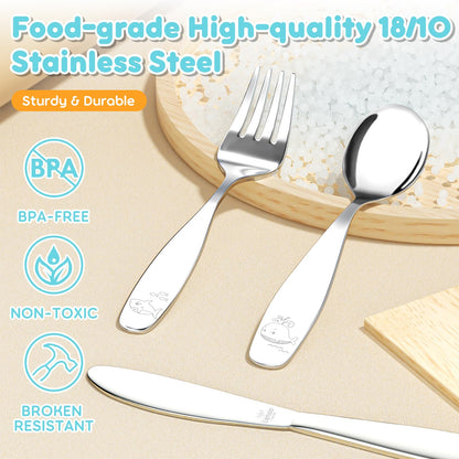 Lehoo Castle Kids Silverware Stainless Steel 6 Piece - Toddler Spoons and Forks Knife Set, Metal Kids Cutlery Set, Toddler Utensils Self Feeding (Dinosaur World)