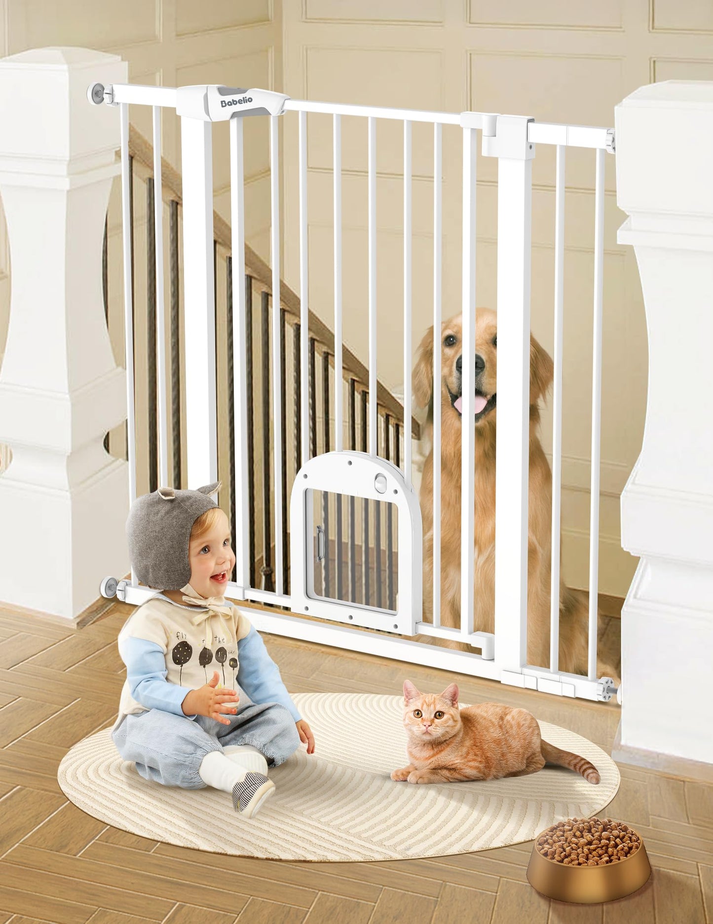 Babelio Upgraded Baby Gate with Cat Door, 29-43" Auto Close Durable Dog Gate for Stairs, Doorways and House, Easy Walk Thru Safety Gate with Pet Door Includes 4 Wall Cups, Black