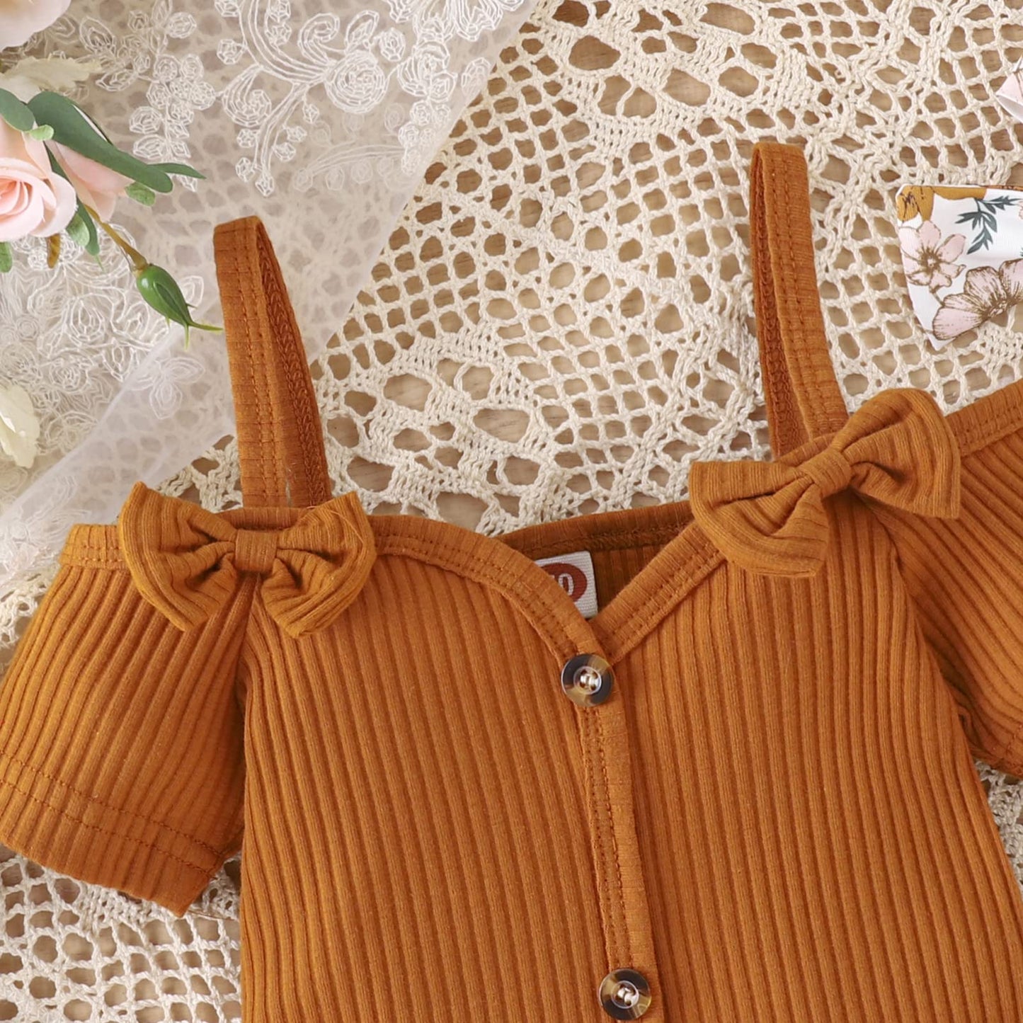 Fernvia Infant Baby Girl Clothes Suspenders Short Sleeve Ribbed Romper Flared Pants Set Headband 3pcs Summer Outfit