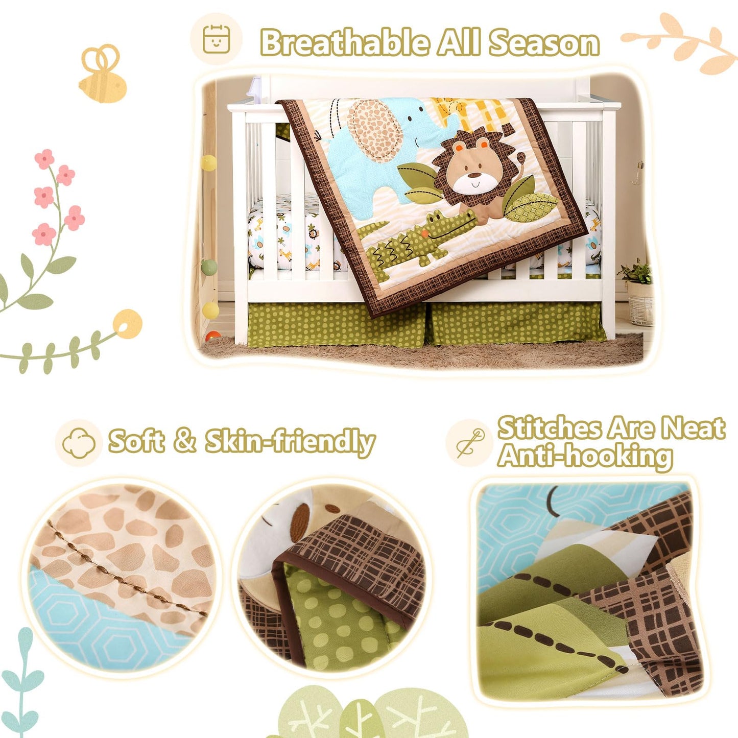 Wowelife Safari Crib Bedding Set, 3 Piece Safari Baby Bedding Set Brown, Premium Baby Crib Bed Set, Breathable and Soft for Baby Boy and Girl