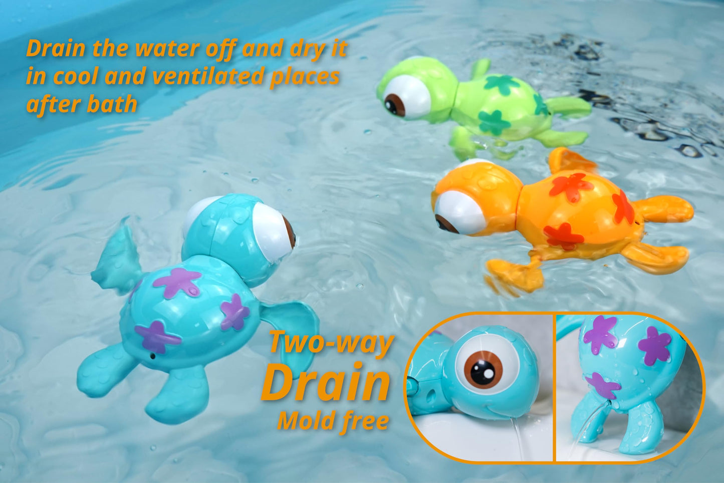 DUCKBOXX XX Wind-up Swimming Sea Turtles Bath Toy, No Battery Mold-Free Anti-Rust Interactive Montessori Toy for Kids 18M+ (Blue)