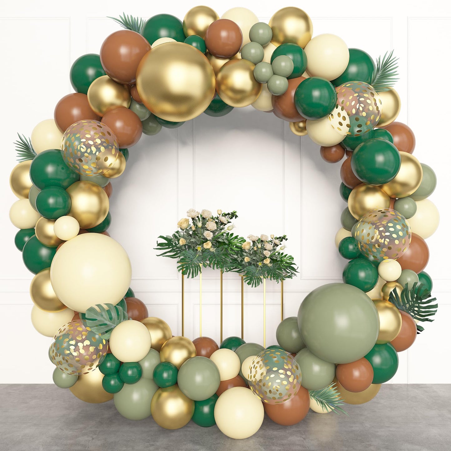Amandir 153pcs Sage Green Balloon Garland Arch Kit, Different Sizes 18 12 10 5 inch Green Blush Gold Latex Metallic Confetti Gold Balloons for Birthday Baby Shower Wedding Safari Forest Decorations