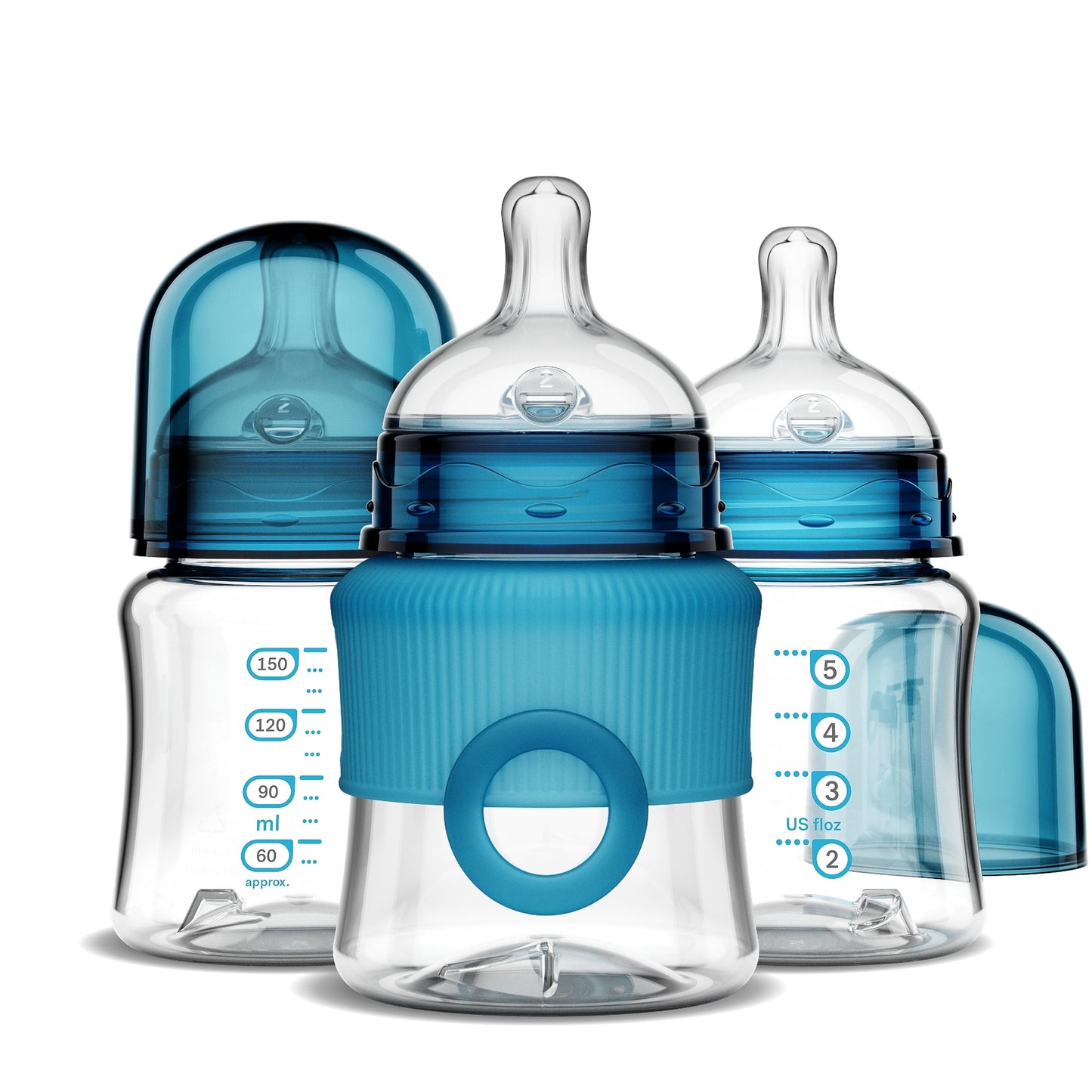 Smilo Baby Bottle Set with Stage 0 Slow Flow Anti Colic Nipple, 10 Oz / 300 ml Capacity, 3X Pack of Anti Colic Baby Bottles 0-3 Months - Aqua Blue