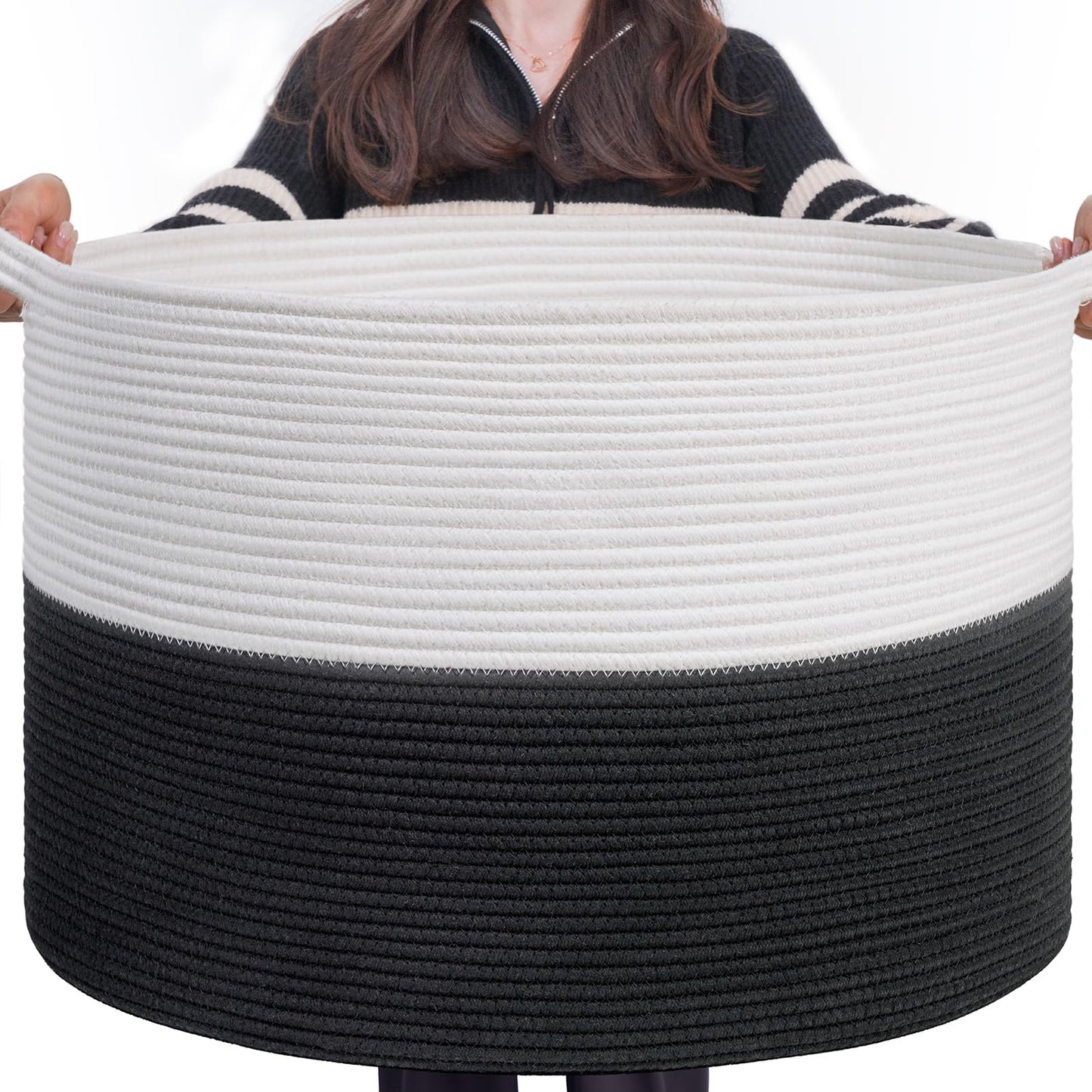 INDRESSME XXXLarge Cotton Rope Basket 21.7" x 21.7" x 13.8" Woven Baby Laundry Blanket Basket Toy Baskets with Handle Storage Comforter Cushions Thread Laundry Hamper