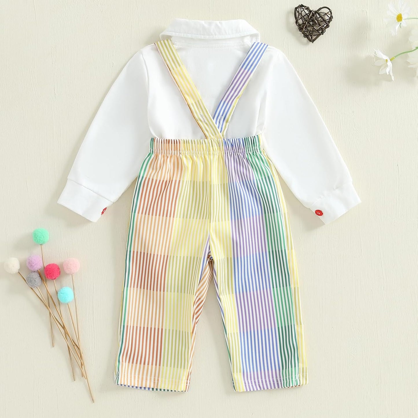 Infant Baby Boy Gentleman Outfit Long Sleeve Romper Bowtie Rainbow Striped Suspender Pants Set Dress Clothes Fall