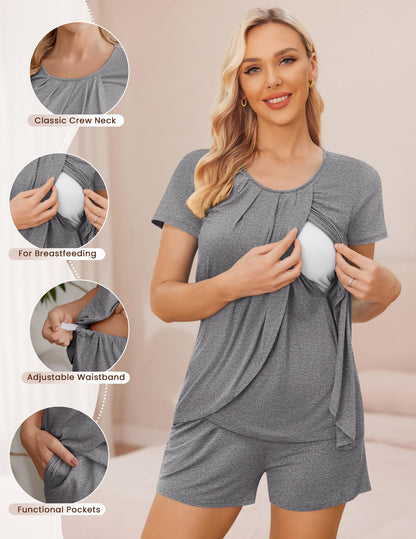 Ekouaer Women's Maternity Nursing Pajamas Set Breastfeeding Sleepwear Double Layer Short Sleeve Top & Shorts Nursing Pjs