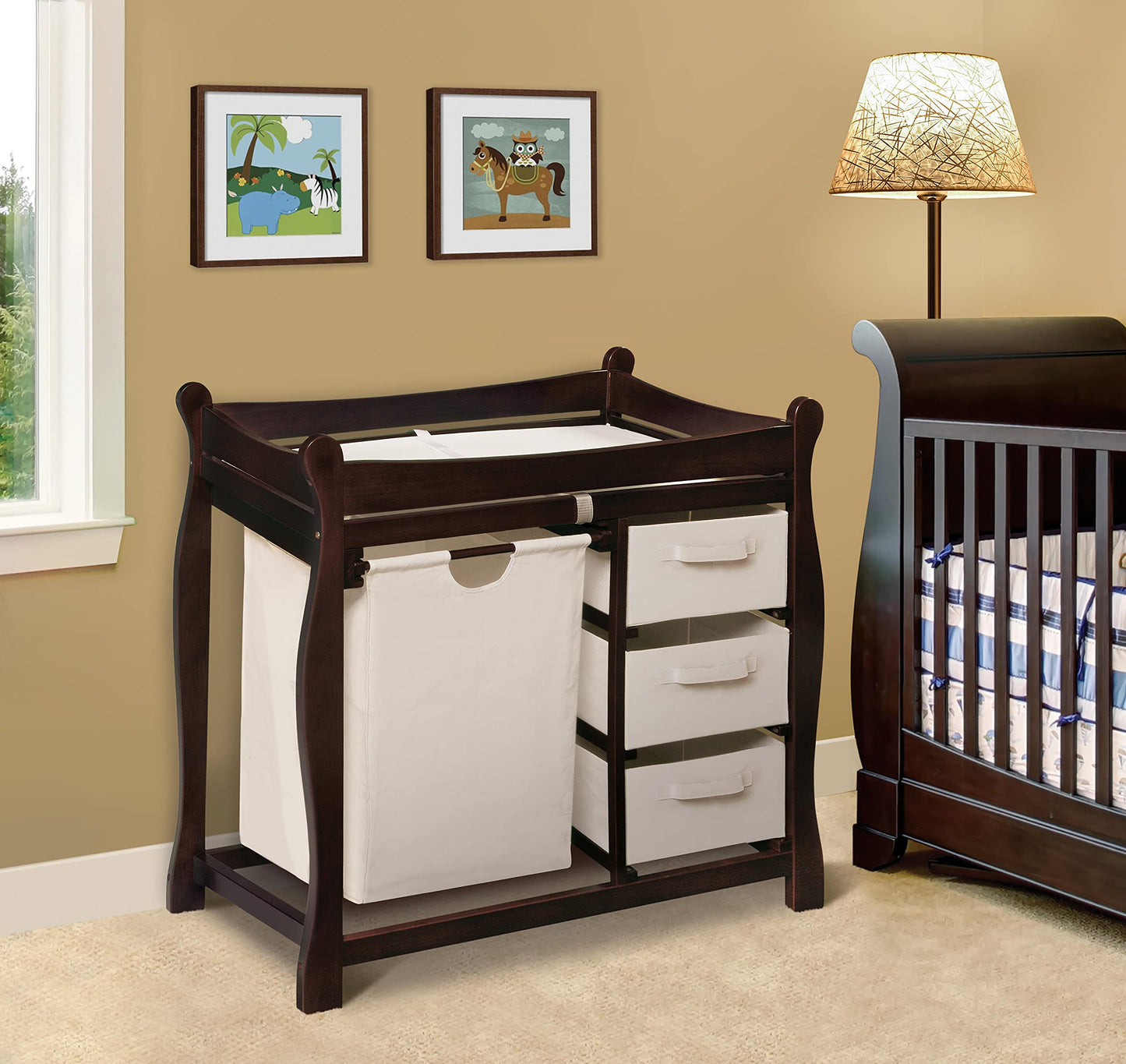 Badger Basket Sleigh Style Baby Changing Table with Laundry Hamper and 3 Storage Drawers - Espresso