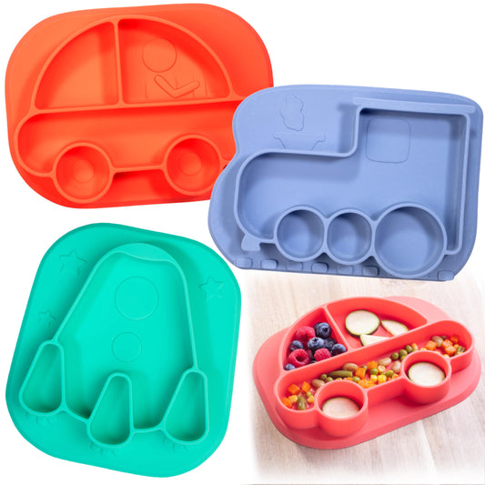 Animal Silicone Compartment Plates- 3 PK Lion, Monkey, Elephant- Large Divided Sections for Easy Grabbing Baby Food Training, Non-Slip Unbreakable Material, Flexible Shapes for Toddlers, Kids-BPA Free