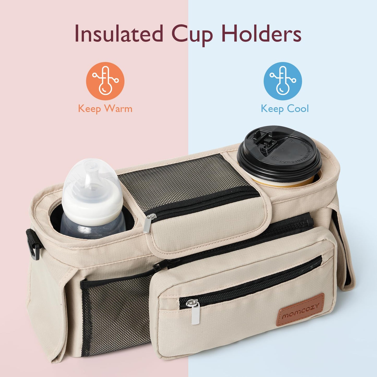 Momcozy Universal Stroller Organizer, 2 Insulated Cup Holders, Removable Zip Pocket, Adjustable Straps, Large Capacity Baby Essentials Compact Design, Fits Any Stroller (Multicolor)