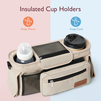 Momcozy Universal Stroller Organizer, 2 Insulated Cup Holders, Removable Zip Pocket, Adjustable Straps, Large Capacity Baby Essentials Compact Design, Fits Any Stroller (Multicolor)