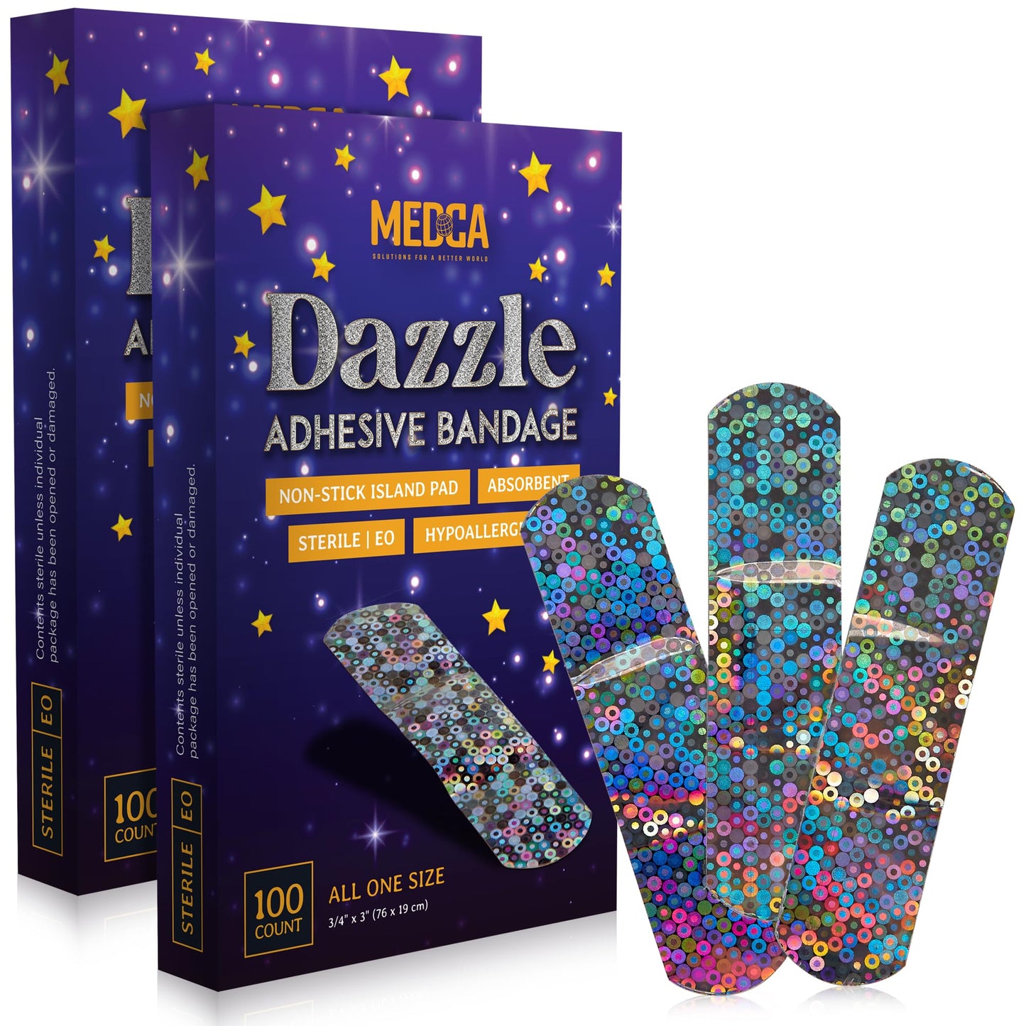 Glitter Bandages for Kids -(100 Count Box) Adhesive Bandage Strips w/Colorful Glitter Design & Latex-Free Individually Wrapped Strips for First Aid, Wound Care, Minor Cuts, Scrapes