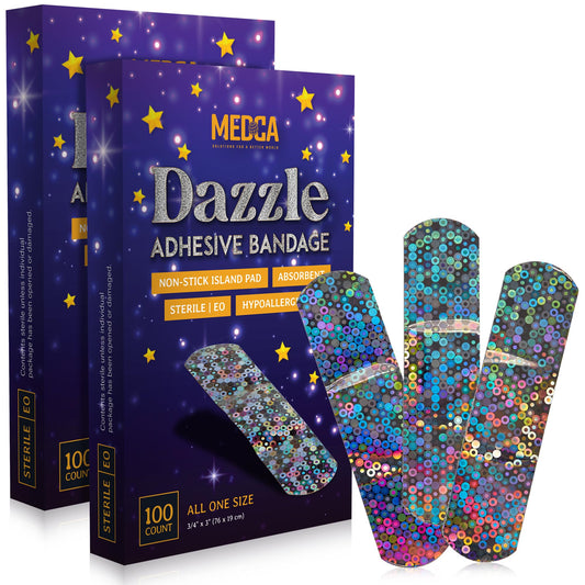 Glitter Bandages for Kids -(100 Count Box) Adhesive Bandage Strips w/Colorful Glitter Design & Latex-Free Individually Wrapped Strips for First Aid, Wound Care, Minor Cuts, Scrapes