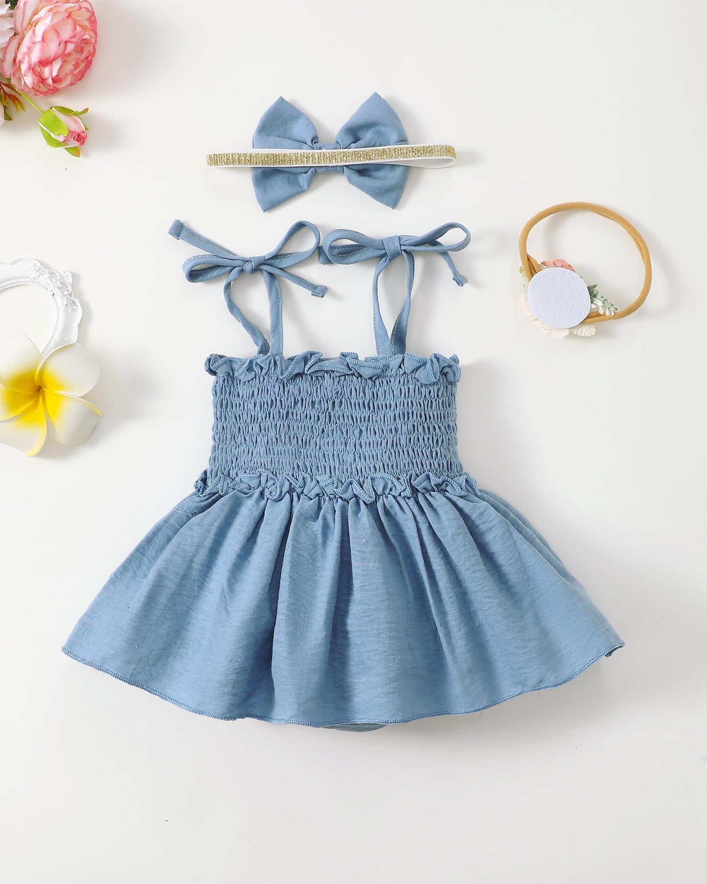 Renotemy Baby Girl Tulle Dress Sleeveless Romper Smocked Halter 1st Birthday Clothes Cake Smash Outfits with Flower Headband