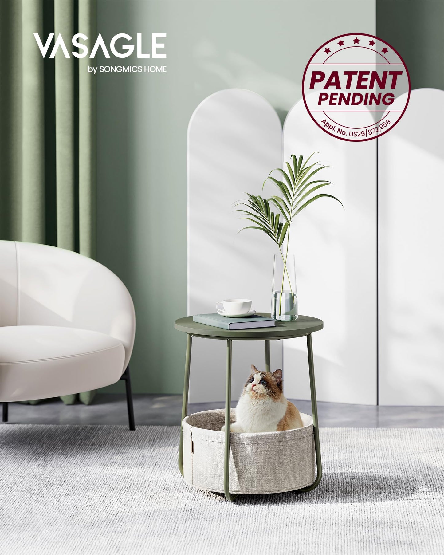 VASAGLE End Table, Small Bedside Table with Fabric Basket, Modern Nightstand, Round Side Table, for Living Room, Bedroom, Matte White and Camel Brown ULET223W10