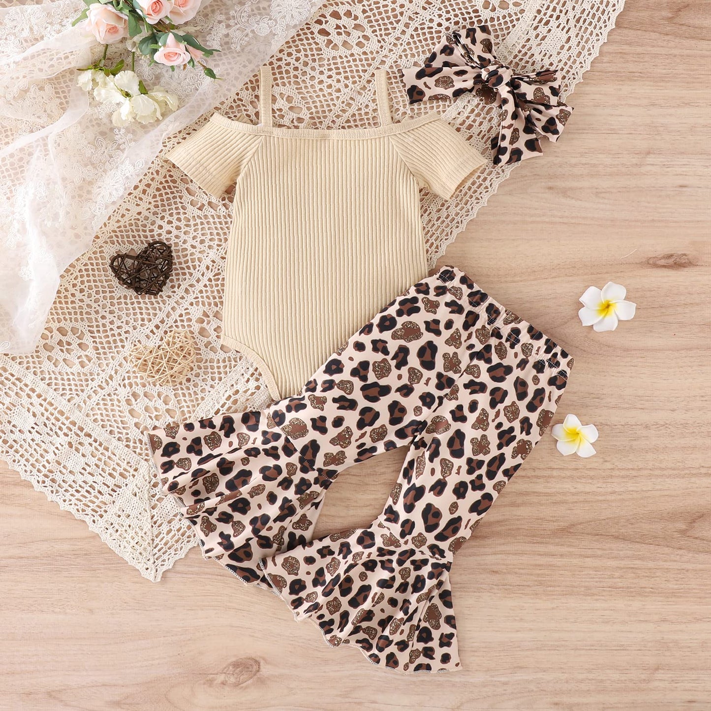 Fernvia Infant Baby Girl Clothes Suspenders Short Sleeve Ribbed Romper Flared Pants Set Headband 3pcs Summer Outfit