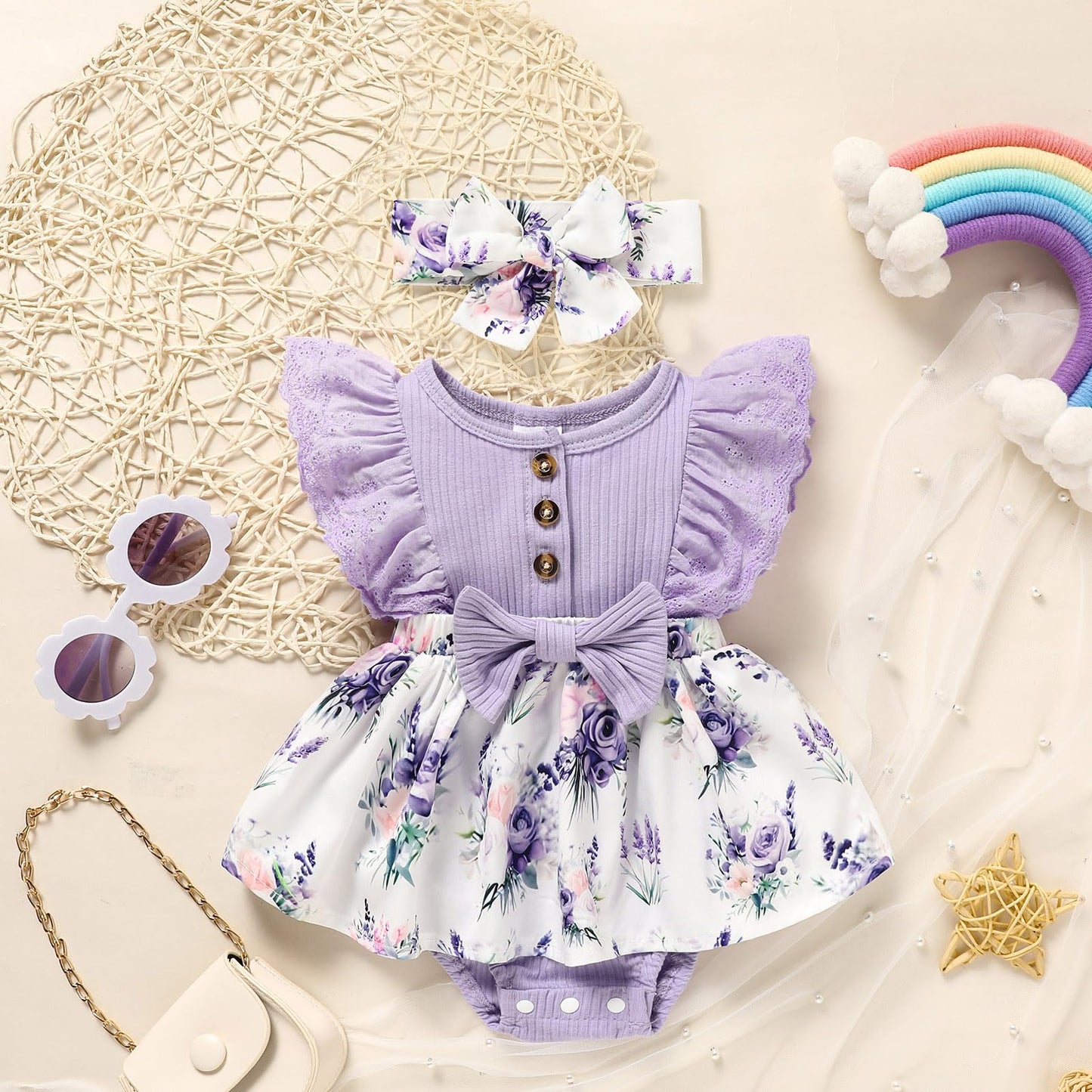 Sinhoon Baby Girl Clothes Newborn Ruffled Sleeveless Romper Floral Dreesy Bodysuit Heaedband 3pcs Baby Girl Summer Clothes