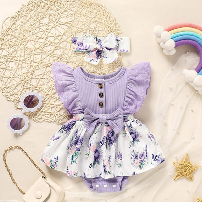 Sinhoon Baby Girl Clothes Newborn Ruffled Sleeveless Romper Floral Dreesy Bodysuit Heaedband 3pcs Baby Girl Summer Clothes