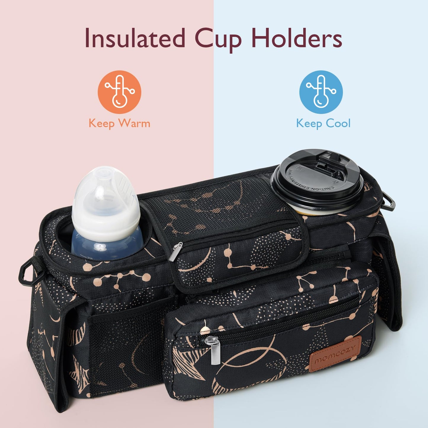 Momcozy Universal Stroller Organizer, 2 Insulated Cup Holders, Removable Zip Pocket, Adjustable Straps, Large Capacity Baby Essentials Compact Design, Fits Any Stroller (Multicolor)