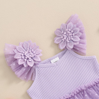Hnyenmcko Newborn Baby Girl Summer Romper Dress Infant Fly Sleeve Flower Embroidery Mesh Tulle Skirt Hem Ribbed Bodysuit