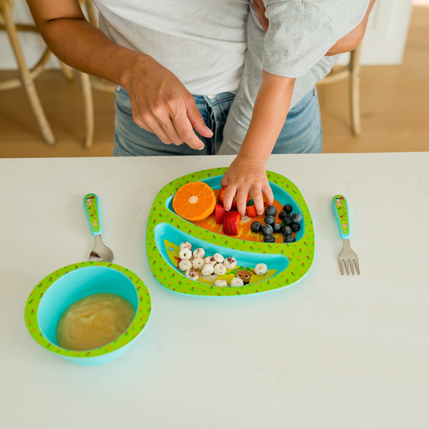 The First Years Bluey 4-Piece Place Setting - BPA Free Dishwasher Safe Toddler Dinnerware Set with Divided Plate, Bowl, Fork, Spoon - Multicolor