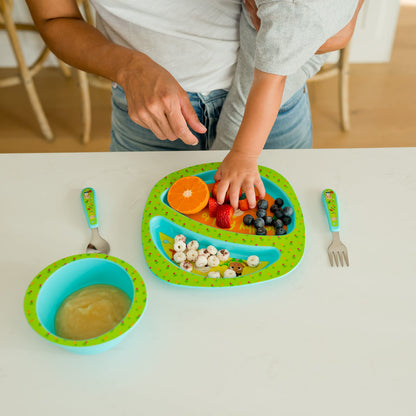 The First Years Bluey 4-Piece Place Setting - BPA Free Dishwasher Safe Toddler Dinnerware Set with Divided Plate, Bowl, Fork, Spoon - Multicolor