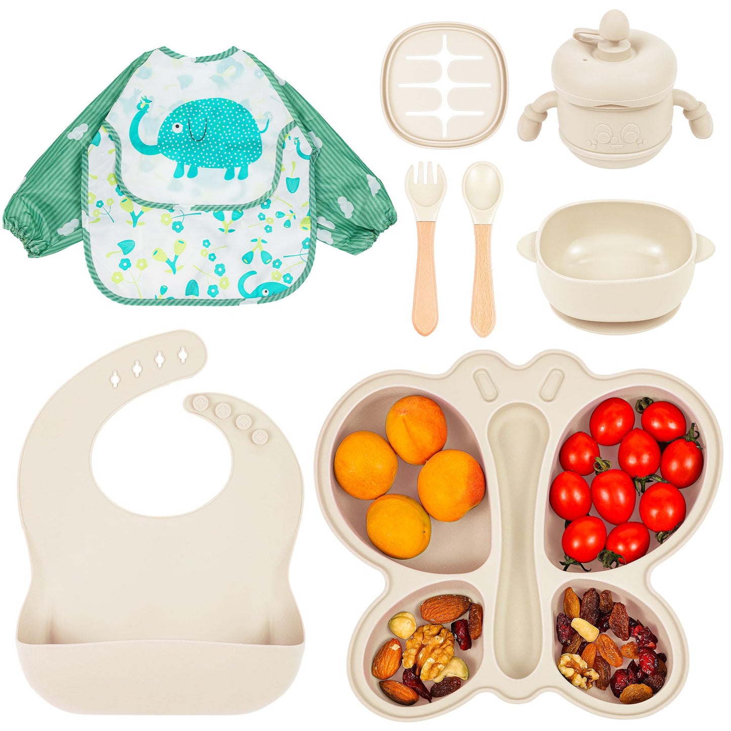 Silicone Baby Feeding Set, Baby Led Weaning Supplies, Silicone Suction Butterfly Plate, Bowl, Spoons, Fork and Waterproof Bib & Cloth Bib, Eating Utensils Baby Feeding Essentials (Purple)
