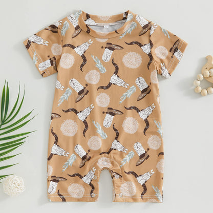 Gueuusu Country Baby Clothes Boy Girl Western Cow Print Short Sleeve Romper Bodysuit Ribbed One Piece Jumpsuit Summer Outfit