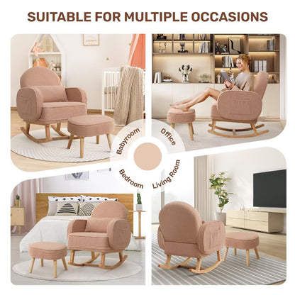 Rocking Chair with Ottoman, Upholstered Glider Rocker with High Backrest and Side Pocket, Rocking Accent Armchair with Solid Wood Legs for Nursery, Living Room, Bedroom Green
