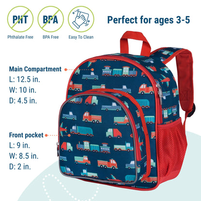 Wildkin 12-inch Kids Backpack – Padded, Adjustable, Ideal for Daycare & Travel - Trains, Planes, and Trucks