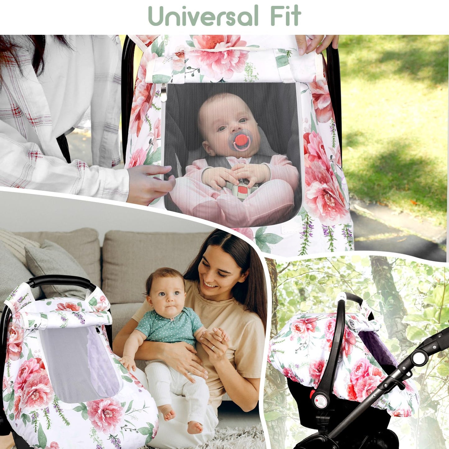 Pea Pod Car Seat Cover Baby, Infant Car Seat Canopy Covers for Newborn with 2 Layers Windows of Breathable Mesh Fabric, Lightweight Polyester/Soft Minky Dot Backing (Floral & Rainbow)