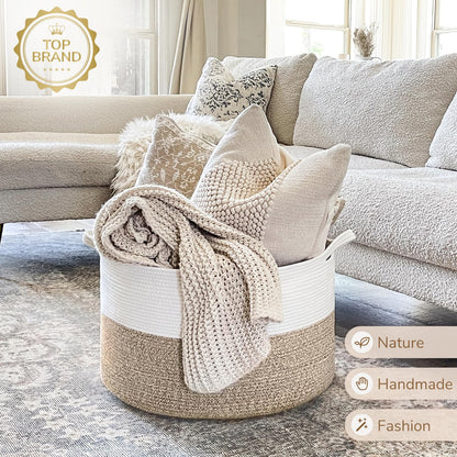 INDRESSME XXXLarge Cotton Rope Basket 21.7" x 21.7" x 13.8" Woven Baby Laundry Blanket Basket Toy Baskets with Handle Storage Comforter Cushions Thread Laundry Hamper