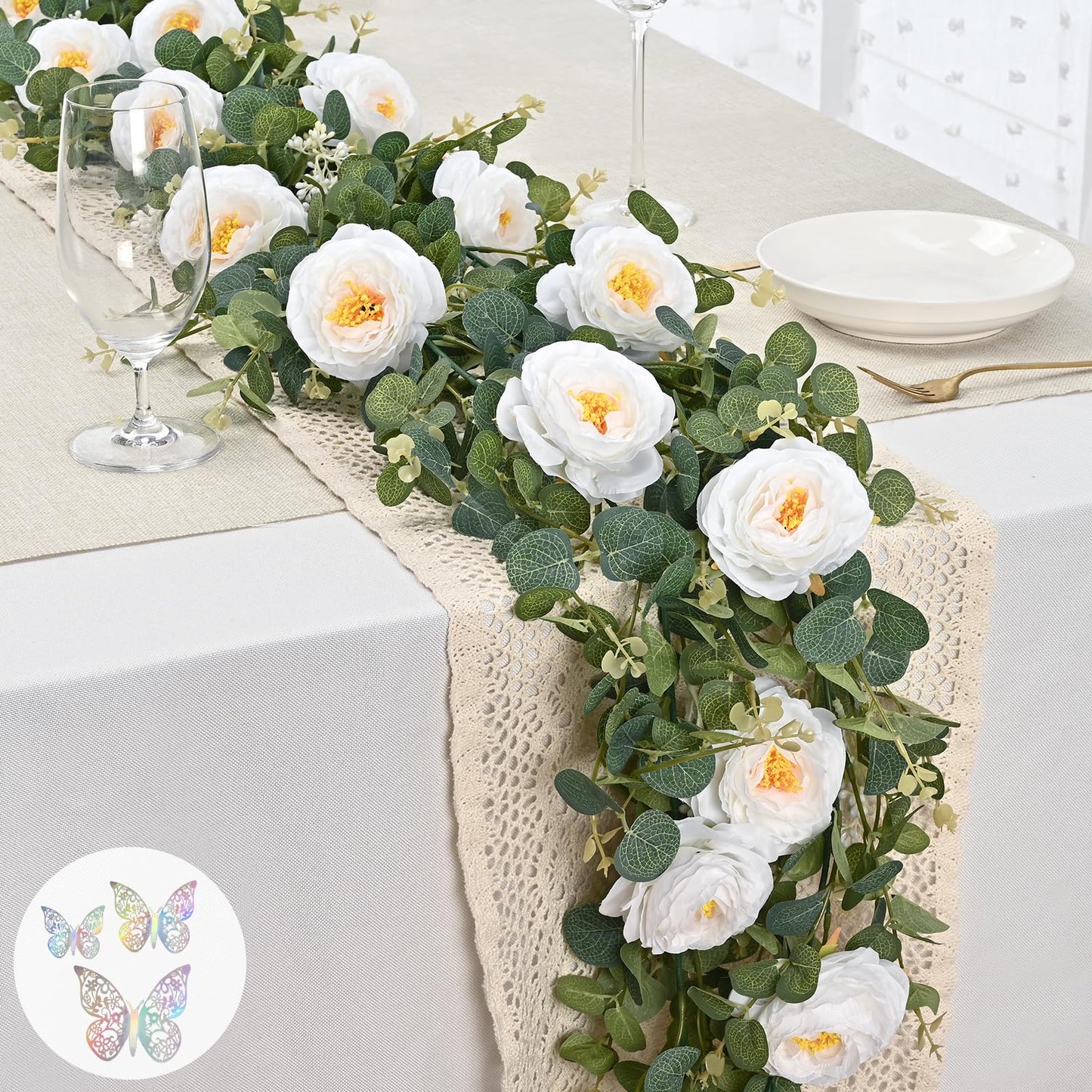 Yastouay 6.4 Ft Fuller Artificial Eucalyptus Garland with Champagne Flowers Fake Rose Vine for Table Centerpiece Wedding Baby Shower Party Room Backdrop Decor