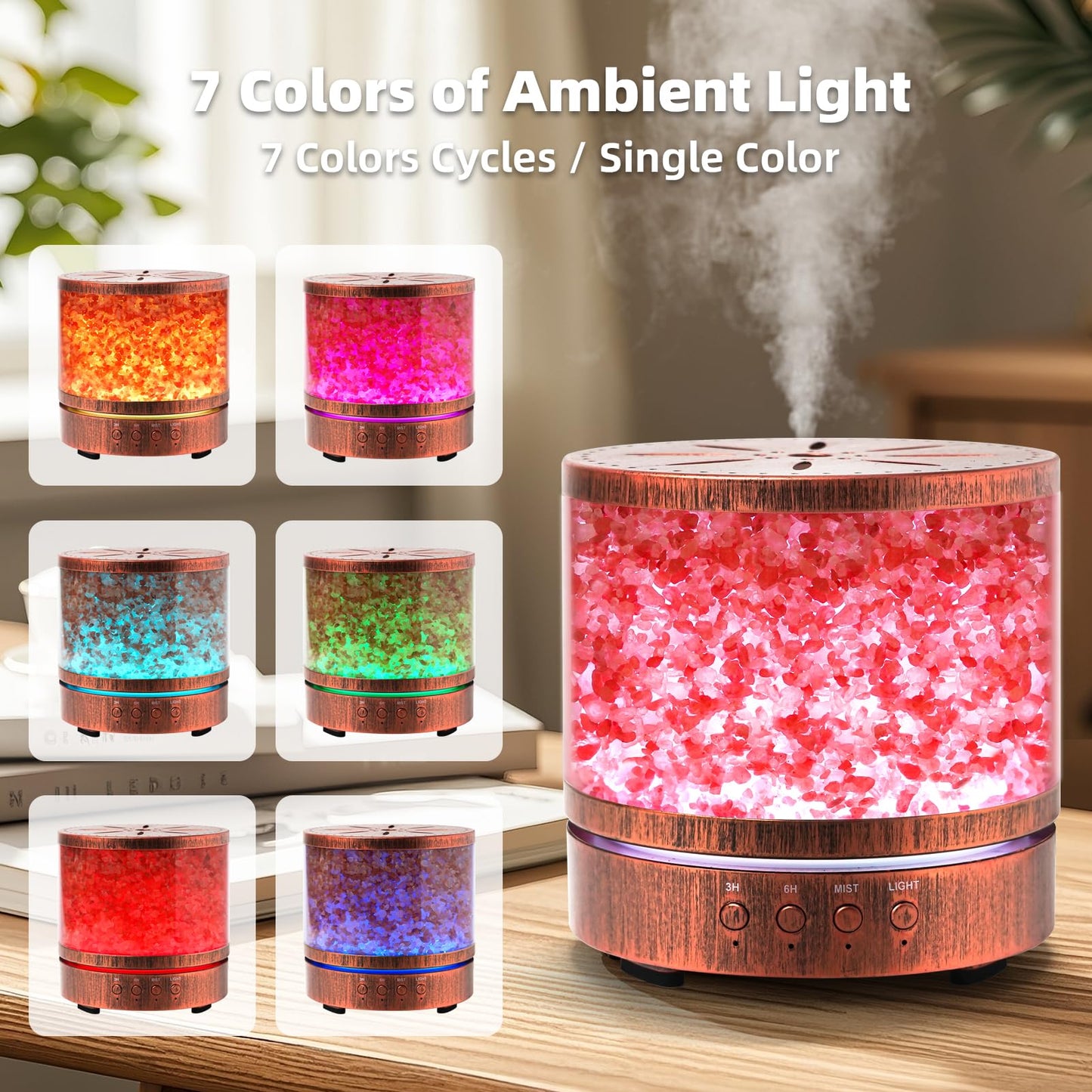 Essential Oil Diffuser Aromatherapy Diffuser - Himalayan Pink Salt Crystal Diffusers for Essential Oils with 7 Color Lights 2 Mist Mode, Reduce Noise Design for Baby Room, Yellow