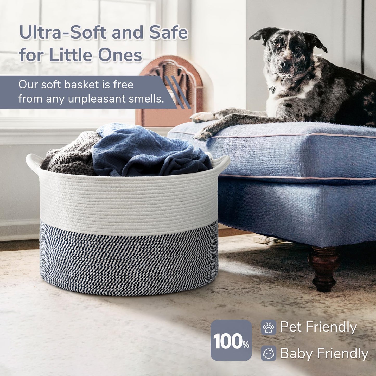 INDRESSME XXXLarge Cotton Rope Basket 21.7" x 21.7" x 13.8" Woven Baby Laundry Blanket Basket Toy Baskets with Handle Storage Comforter Cushions Thread Laundry Hamper