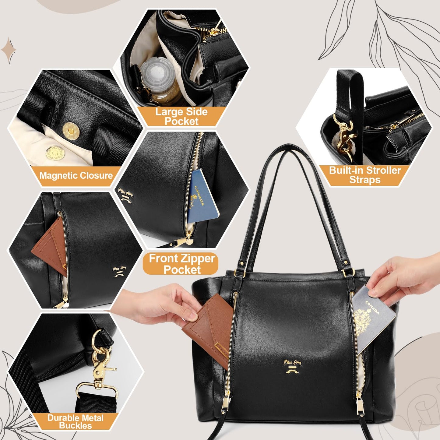 miss fong Diaper Bag Tote Leather Diaper Bag Backpack, Large Capacity Mommy Bag Hospital Bag, 12 Pockets Travel Diaper Tote with Changing Pad，Stroller Straps & Insulated Pockets for Mom & Dad-Brown