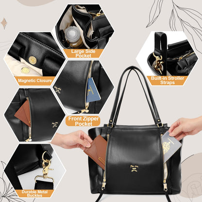 miss fong Diaper Bag Tote Leather Diaper Bag Backpack, Large Capacity Mommy Bag Hospital Bag, 12 Pockets Travel Diaper Tote with Changing Pad，Stroller Straps & Insulated Pockets for Mom & Dad-Brown
