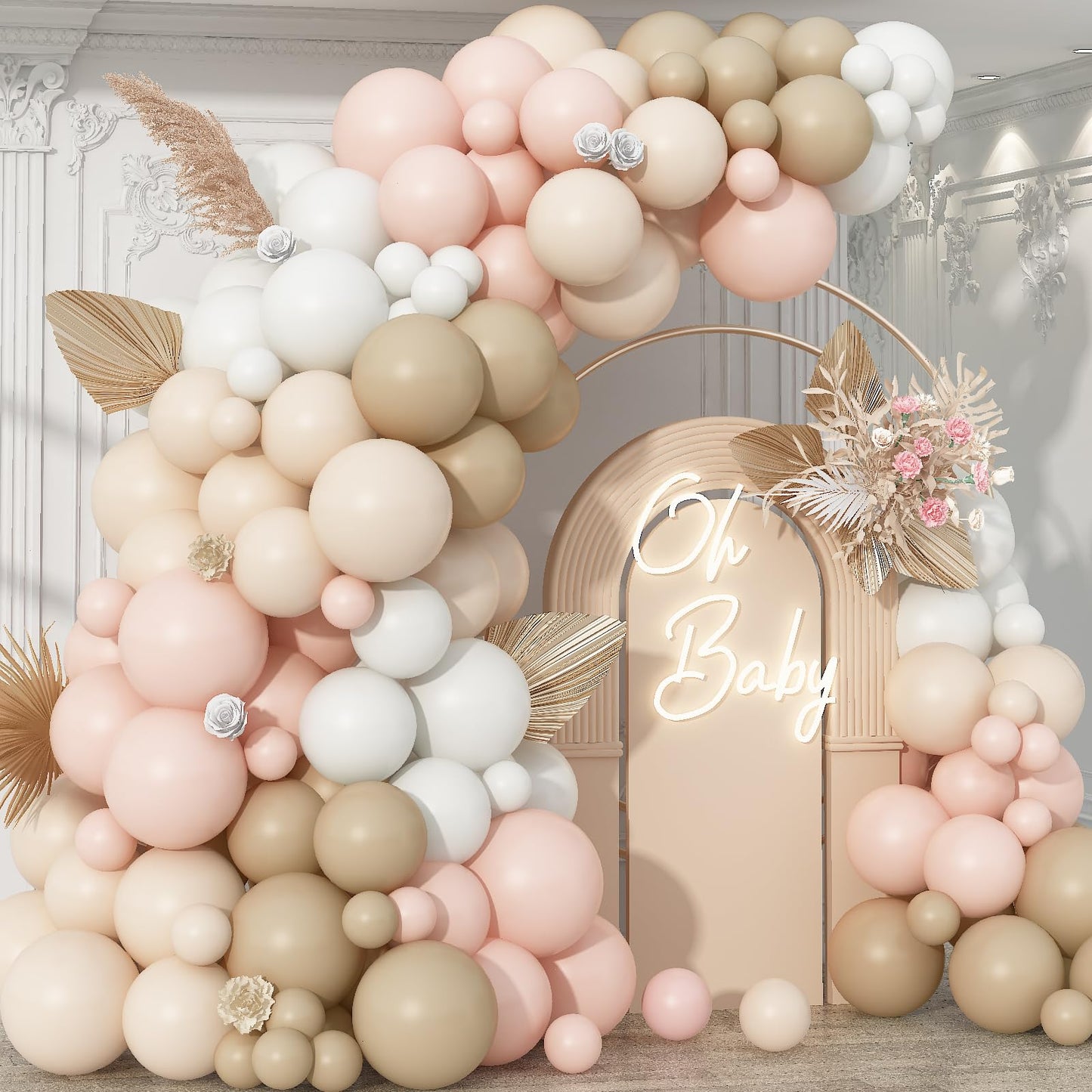 Neutral Balloons Arch Kit, Pink Beige Boho Balloons Garland with Double Stuffed Sand White Balloon for Baby Shower Birthday Wedding Bridal Shower Party Decorations